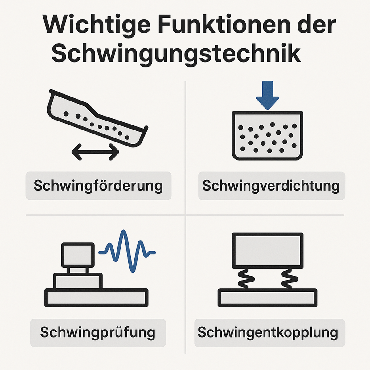 Infografik mit dem Titel „Wichtige Funktionen der Schwingungstechnik“. Sie zeigt vier Bereiche: Schwingförderung (Transport von Material mittels Vibration), Schwingverdichtung (Verdichtung von Schüttgut), Schwingprüfung (Testverfahren mit Schwingungen) und Schwingentkopplung (Isolation von Maschinenvibrationen). Jede Funktion ist mit einem passenden Icon dargestellt.