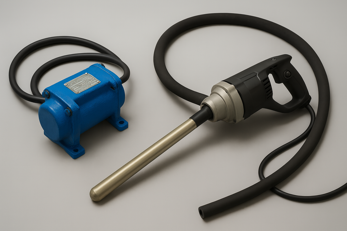 Innenrüttler-Set bestehend aus blauem Elektromotor und schwarzem Handgerät mit langem, zylindrischem Rüttelkopf, verbunden durch flexible Kabel und Schläuche, auf neutralem Hintergrund.