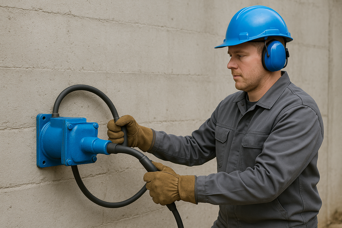 Mann mit blauem Schutzhelm, Gehörschutz und Arbeitshandschuhen bedient einen blauen Außenrüttler, der an einer Betonwand befestigt ist.