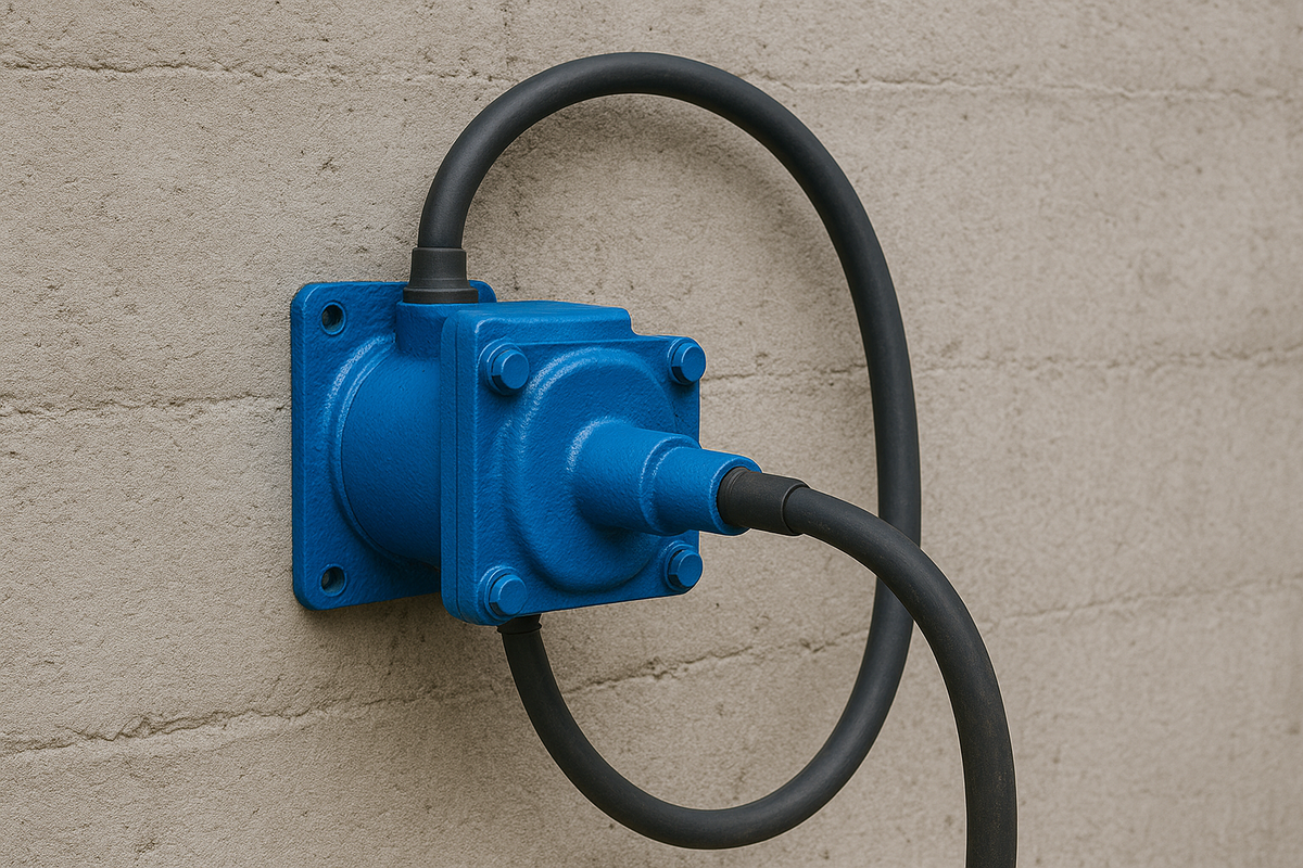 Nahaufnahme eines blauen Außenrüttlers, der fest an einer Betonwand installiert ist, mit angeschlossenem schwarzen Kabel für die Strom- oder Leistungsübertragung.