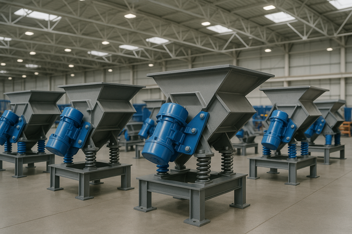 Panoramaaufnahme einer industriellen Fertigungshalle mit mehreren baugleichen Schwingförderern. Jeder Förderer besteht aus einem grauen Stahltrichter, montiert auf Spiralfedern, und ist mit einem blauen Vibrationsmotor ausgestattet. Die Maschinen stehen in gleichmäßiger Anordnung auf dem glatten Hallenboden unter einer hellen Hallendecke mit Stahlträgern.
